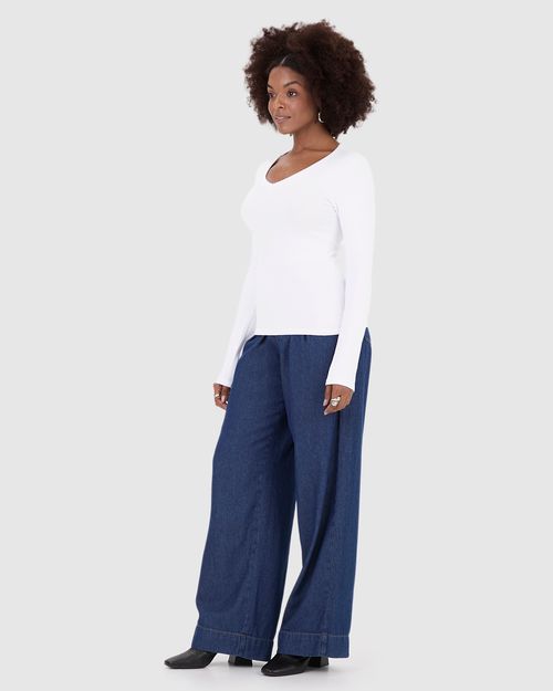 Blusa Básica Feminina Gola V Manga Longa Em Algodão