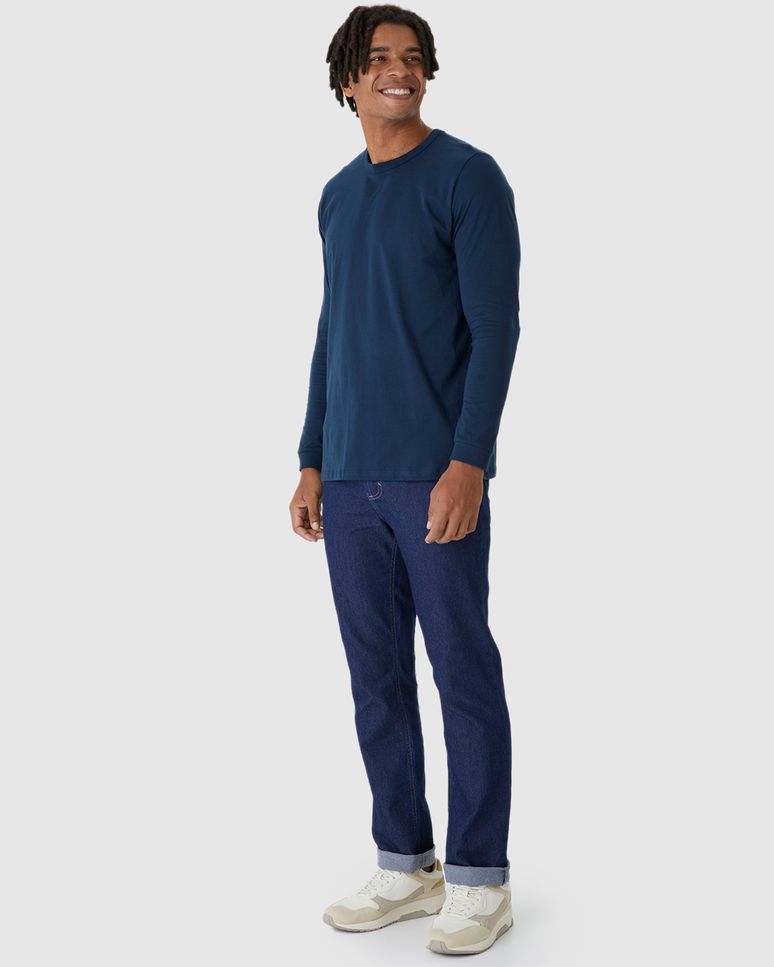 Camiseta Básica Masculina Punho Aplicado Em Algodão