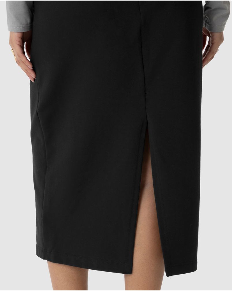 Saia Midi Feminina Fenda Costas Em Moletom Stretch Flanelado PRETO