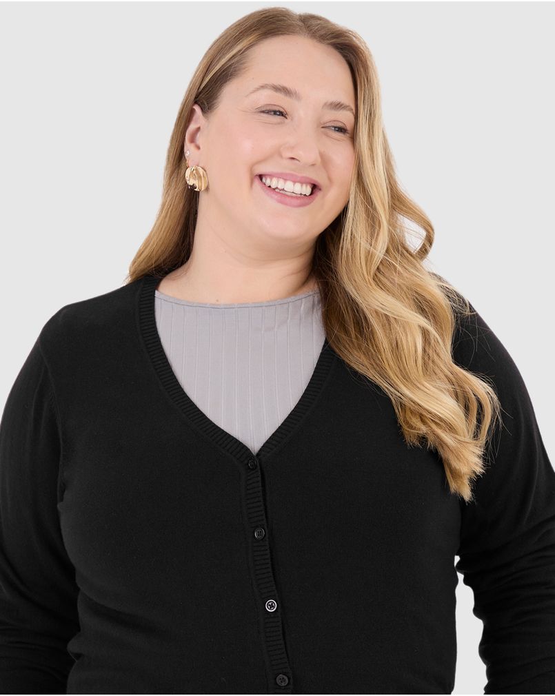 Cardigan Básico Feminino Plus Size Decote V Em Tricô Preto G1 - Malwee