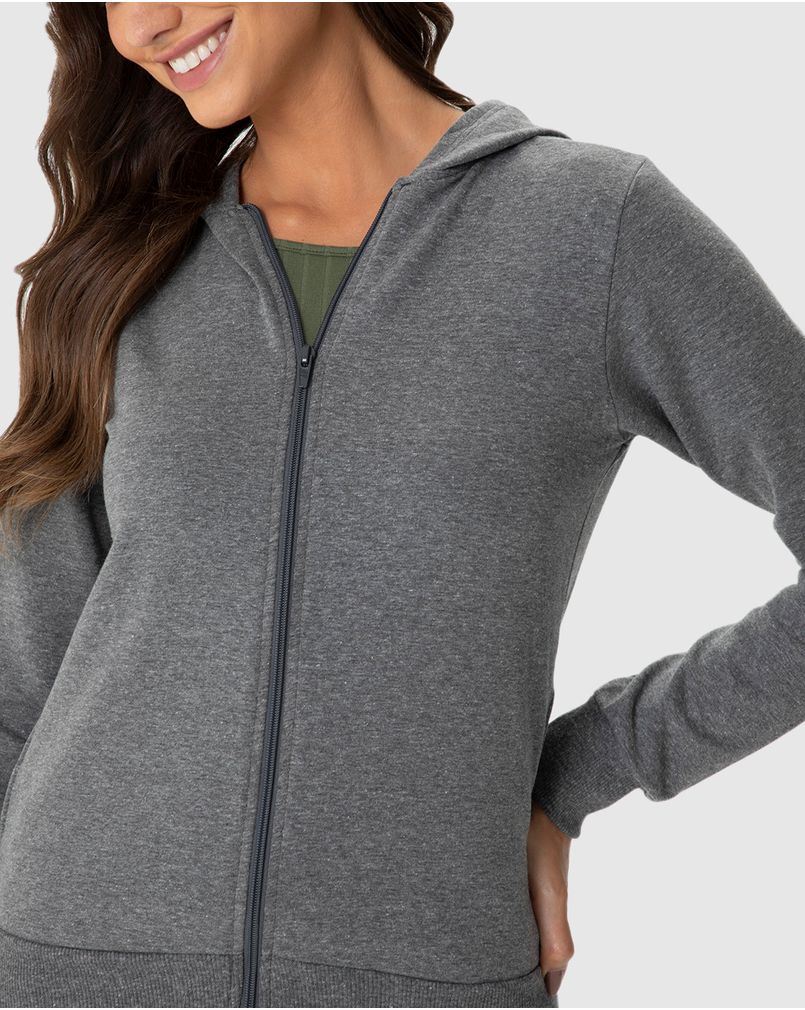 Jaqueta Básica Feminina Com Capuz Moletom Stretch Flanelado Cinza