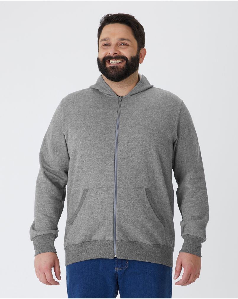 Jaqueta Básica Masculina Plus Size Com Capuz Em Moletom Cinza