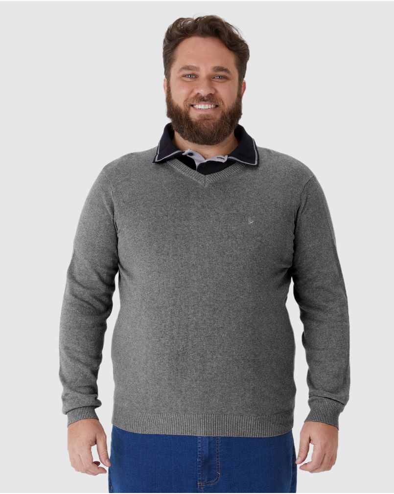 Suéter Básico Masculino Plus Size Decote V Em Tricô CINZA G5 - Malwee