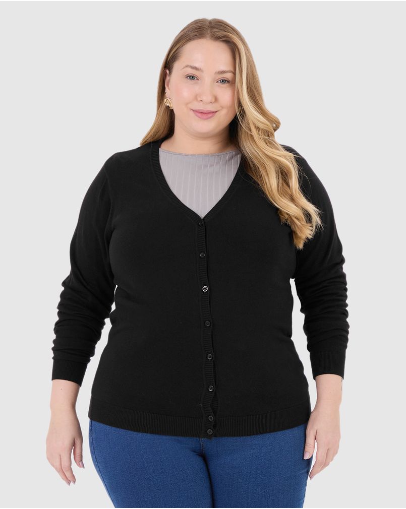 Cardigan Básico Feminino Plus Size Decote V Em Tricô Preto G1 - Malwee