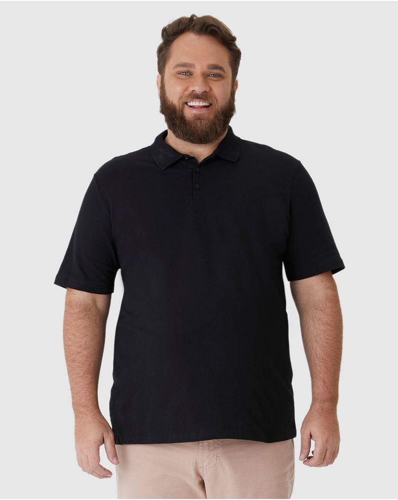 Camisa Polo Básica Masculina Plus Size Em Piquet Stretch PRETO
