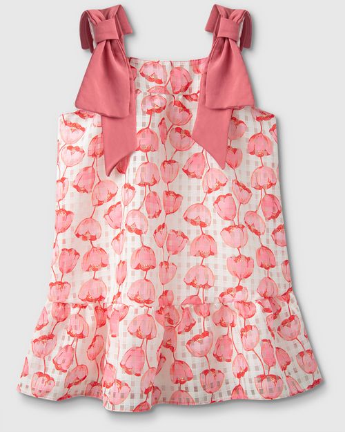 Vestido Menina Floral Alça Com Laço Em Organza - Carinhoso