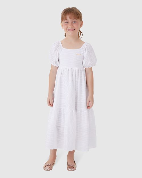 Vestido Menina Midi Decote Quadrado Manga Bufante Em Algodão - Carinhoso