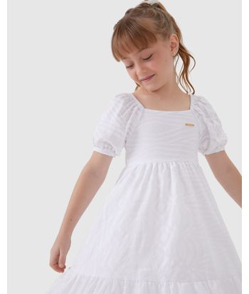 Vestido Menina Midi Decote Quadrado Manga Bufante Em Algodão - Carinhoso