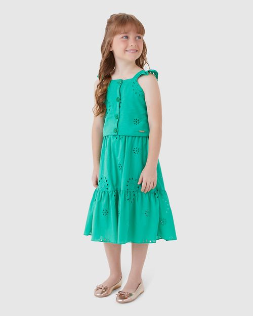 Conjunto Menina Blusa Cropped E Saia Midi Em Laise Algodão - Carinhoso