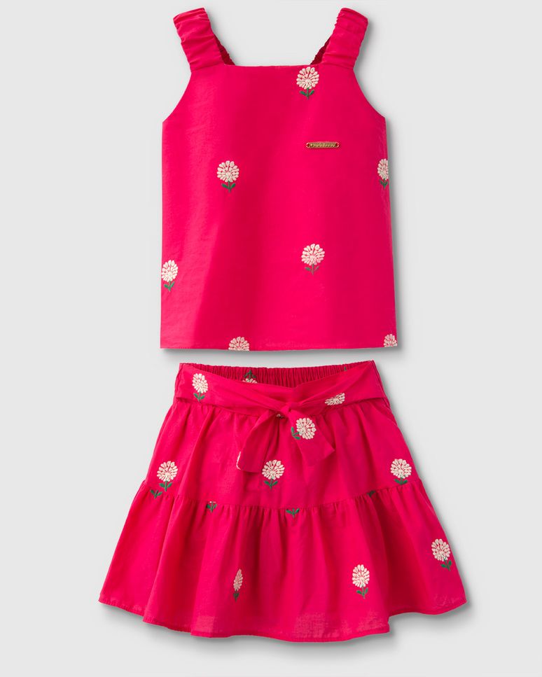 Conjunto Menina Blusa De Alça Com Saia Em Tecido Bordado - Carinhoso