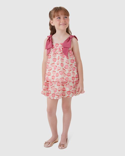 Conjunto Menina Floral Blusa Alça Com Laço Em Organza - Carinhoso