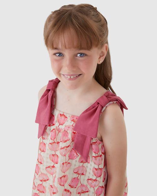 Conjunto Menina Floral Blusa Alça Com Laço Em Organza - Carinhoso