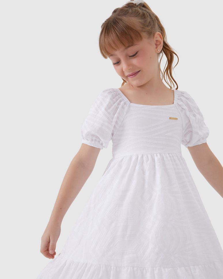 Vestido Menina Midi Decote Quadrado Manga Bufante Em Algodão - Carinhoso