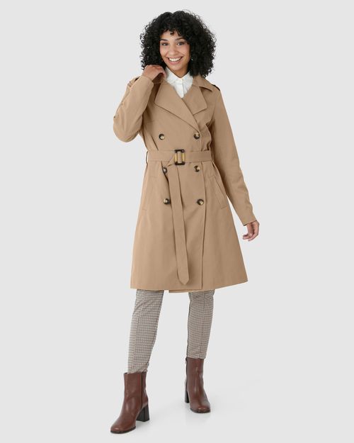 Casaco Trench Coat Feminino Com Cinto Fivela E Bolsos Em Tecido Sarjado
