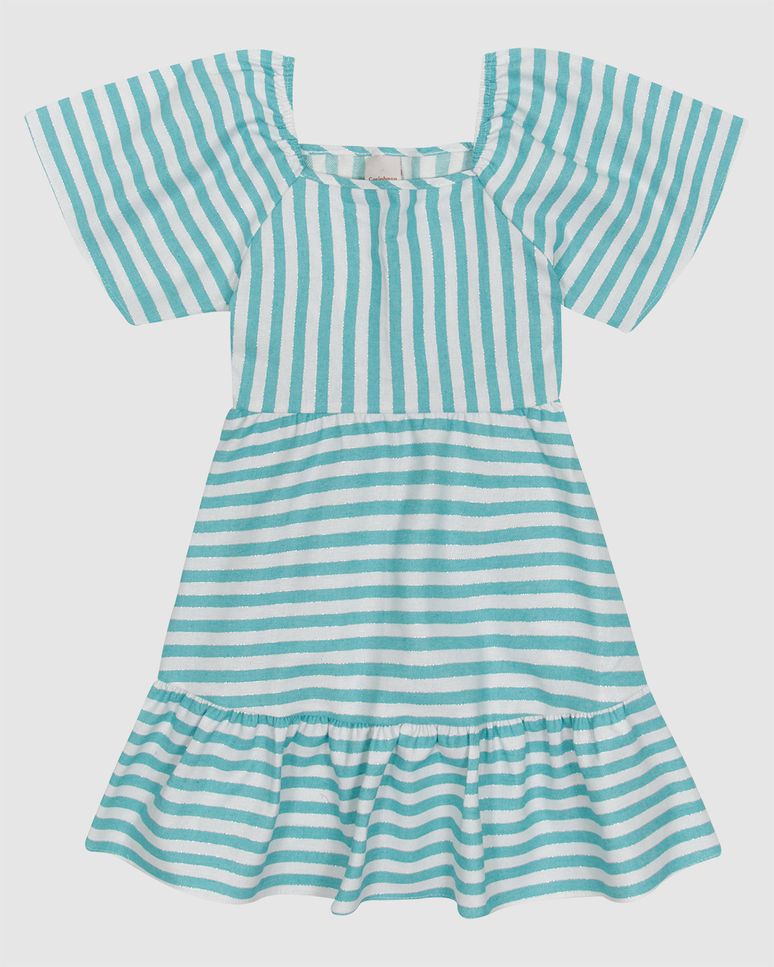 Vestido Menina Decote Reto Manga Curta Em Tecido Lurex Listrado - Carinhoso