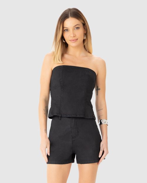 Blusa Feminina Sem Alças Em Jeans Resinado Com Elastano - ENFIM