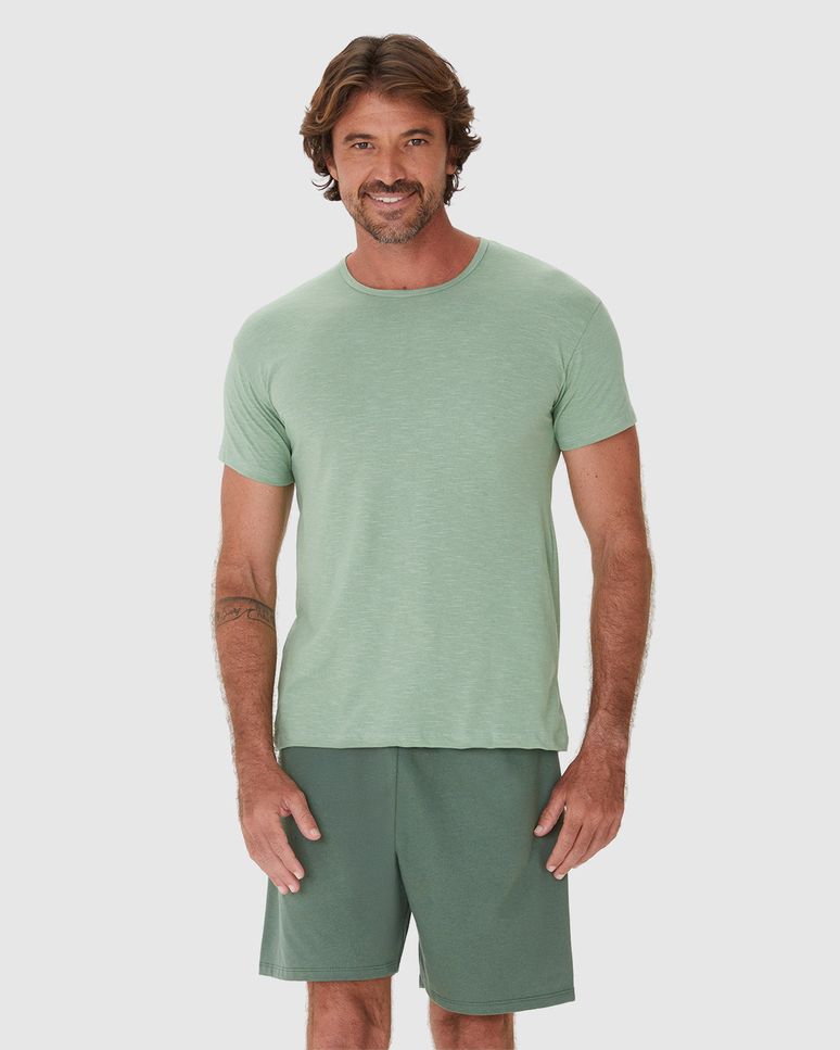 Pijama Masculino Camiseta Gola Redonda Manga Curta Em Algodão