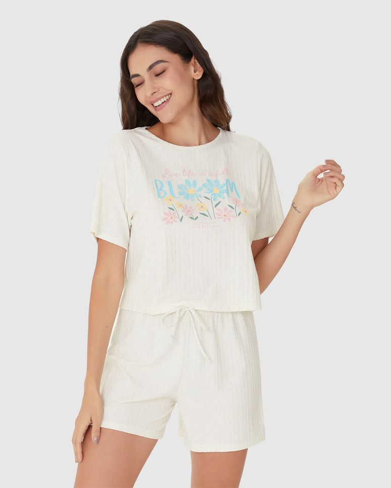 Pijama Feminino Blusa Estampa Frontal Em Malha Linho Canelada