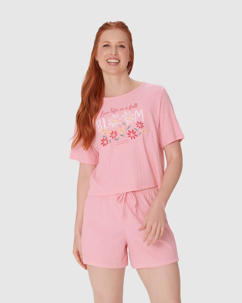 Pijama Feminino Blusa Estampa Frontal Em Malha Linho Canelada