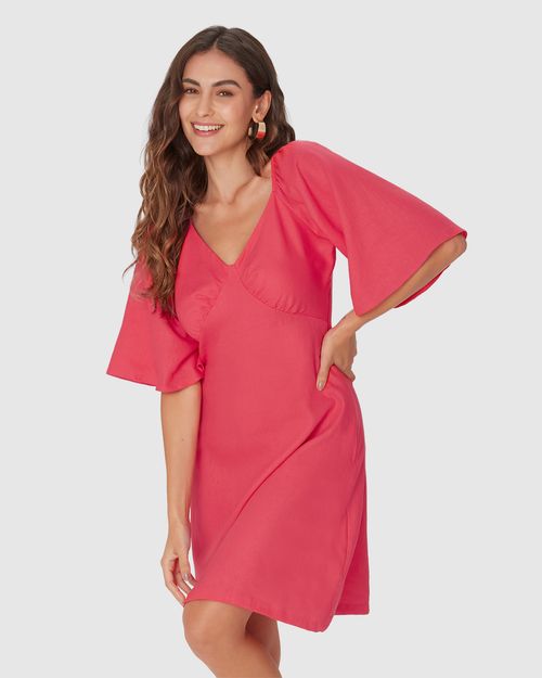 Vestido Feminino Evasê Decote V Manga Curta Em Viscolinho