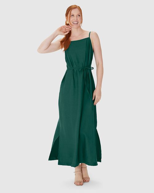 Vestido Midi Feminino Decote Reto E Fenda Lateral Em Viscolinho