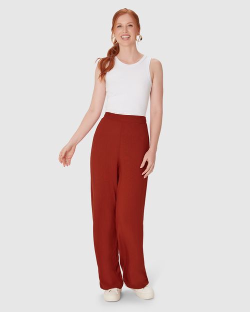 Calça Reta Feminina Cintura Alta Em Viscose