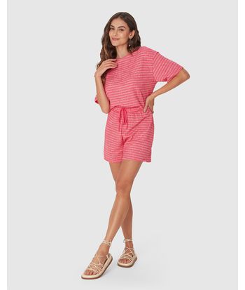 Shorts Feminino Amplo Cós Elástico Em Malha Tweed