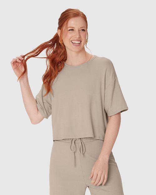 Blusa Ampla Feminina Manga Curta Em Malha Tweed E Moletinho