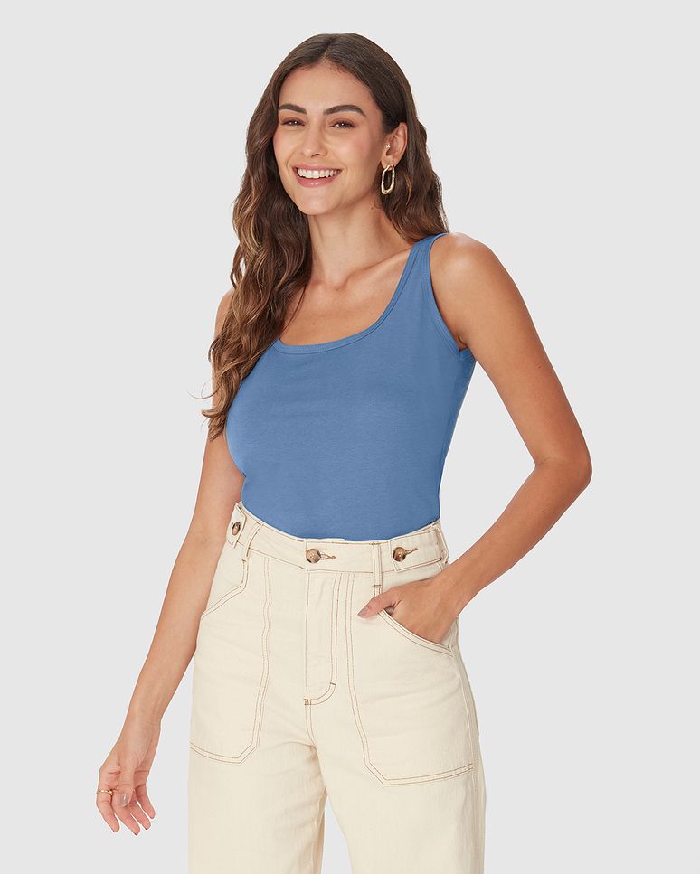 Regata Básica Feminina Decote U Em Malha Algodão Pima