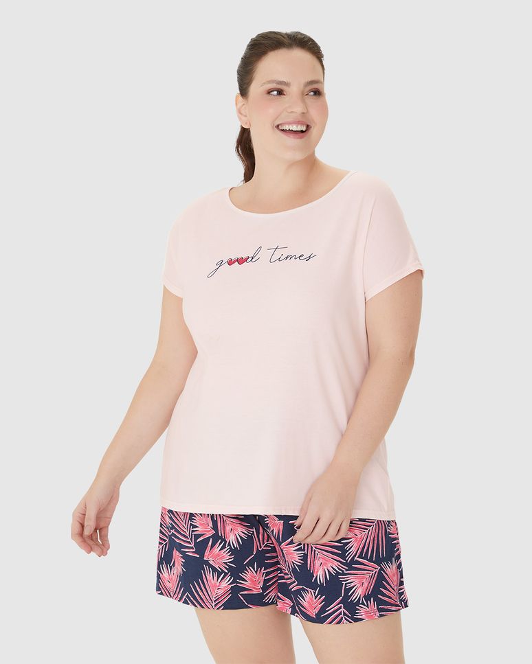 Pijama Feminino Plus Size Blusa Manga Curta E Shorts Em Algodão