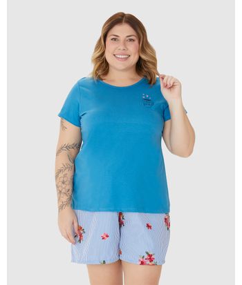 Pijama Feminino Plus Size Blusa Manga Curta Em Algodão