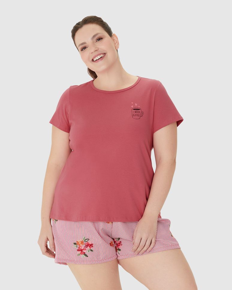 Pijama Feminino Plus Size Blusa Manga Curta Em Algodão