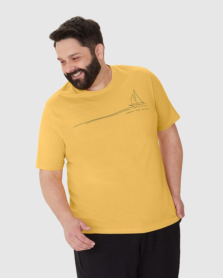 Camiseta Masculina Plus Size Decote Redondo Estampa Frontal Em Algodão