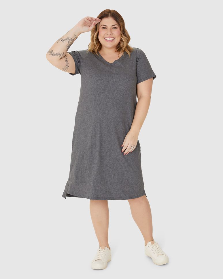 Vestido Feminino Plus Size Decote V Fenda Lateral Em Malha Viscose Canelada