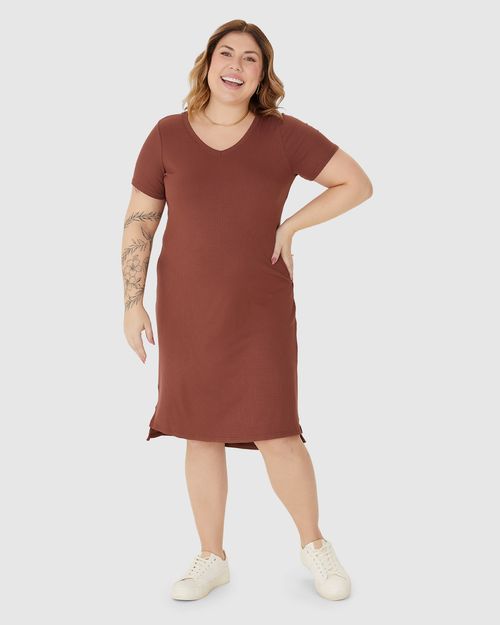 Vestido Feminino Plus Size Decote V Fenda Lateral Em Malha Viscose Canelada