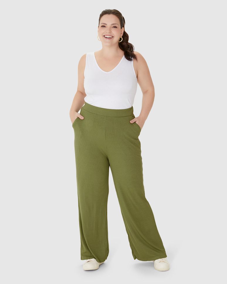 Calça Wide Leg Feminina Plus Size Em Malha Viscose Canelada