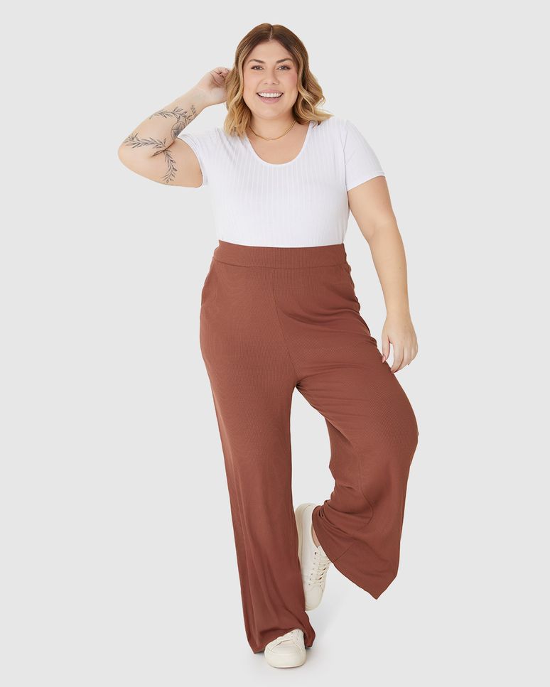 Calça Wide Leg Feminina Plus Size Em Malha Viscose Canelada