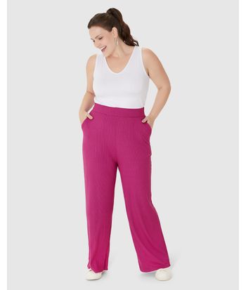 Calça Wide Leg Feminina Plus Size Em Malha Viscose Canelada