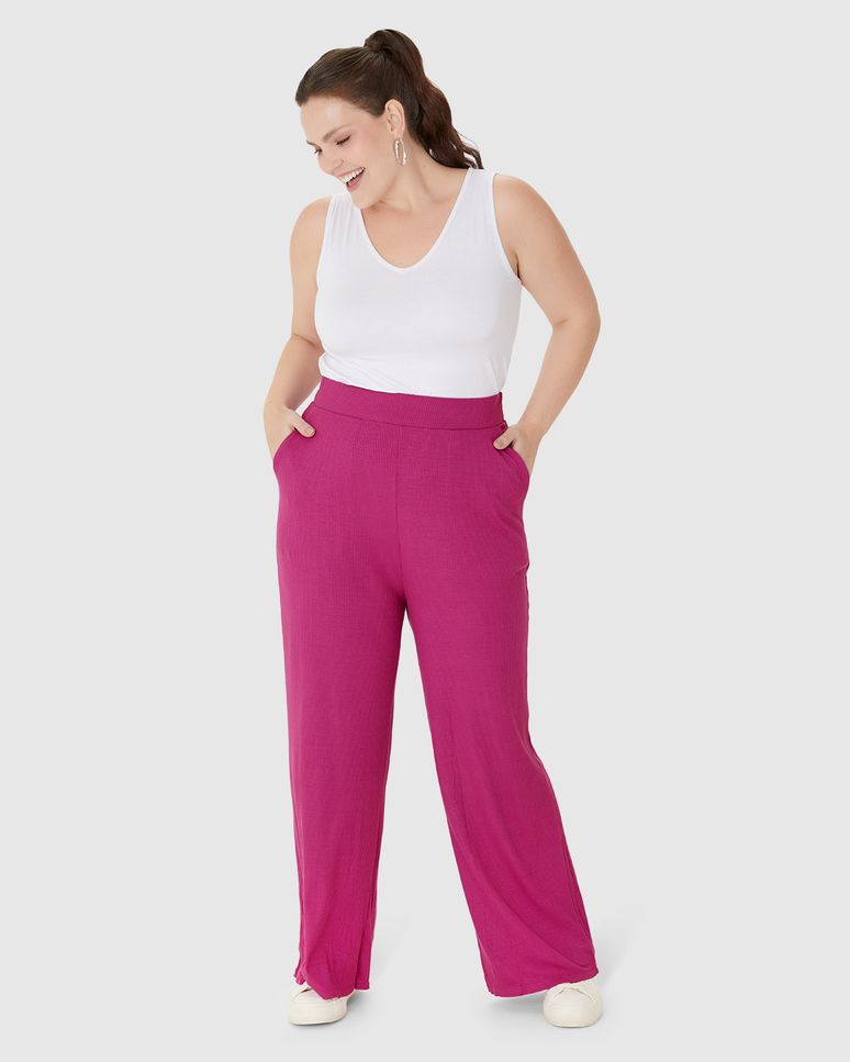 Calça Wide Leg Feminina Plus Size Em Malha Viscose Canelada
