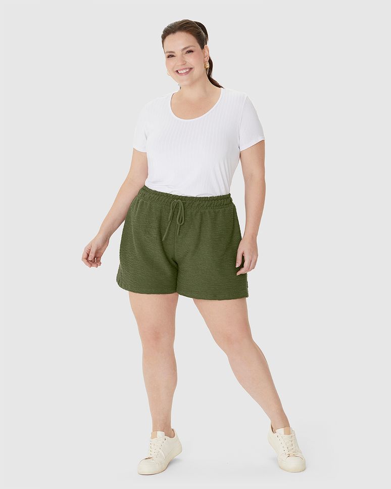 Shorts Feminino Plus Size Cadarço Frontal Em Moletom Texturizado
