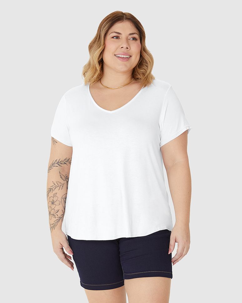 Blusa Feminina Plus Size Decote V Barra Mullet Em Viscose Stretch