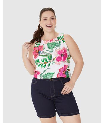 Regata Cropped Feminina Plus Size Estampada Em Viscose