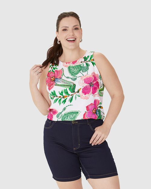 Regata Cropped Feminina Plus Size Estampada Em Viscose