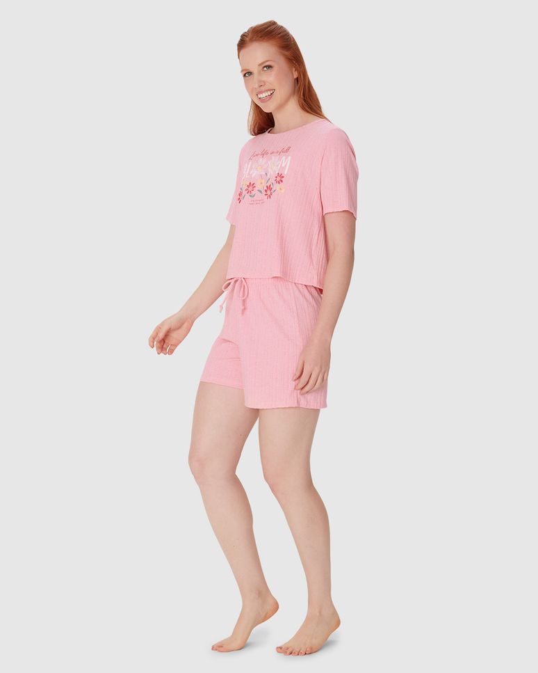 Pijama Feminino Blusa Estampa Frontal Em Malha Linho Canelada
