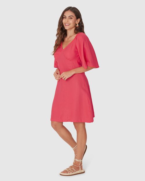 Vestido Feminino Evasê Decote V Manga Curta Em Viscolinho