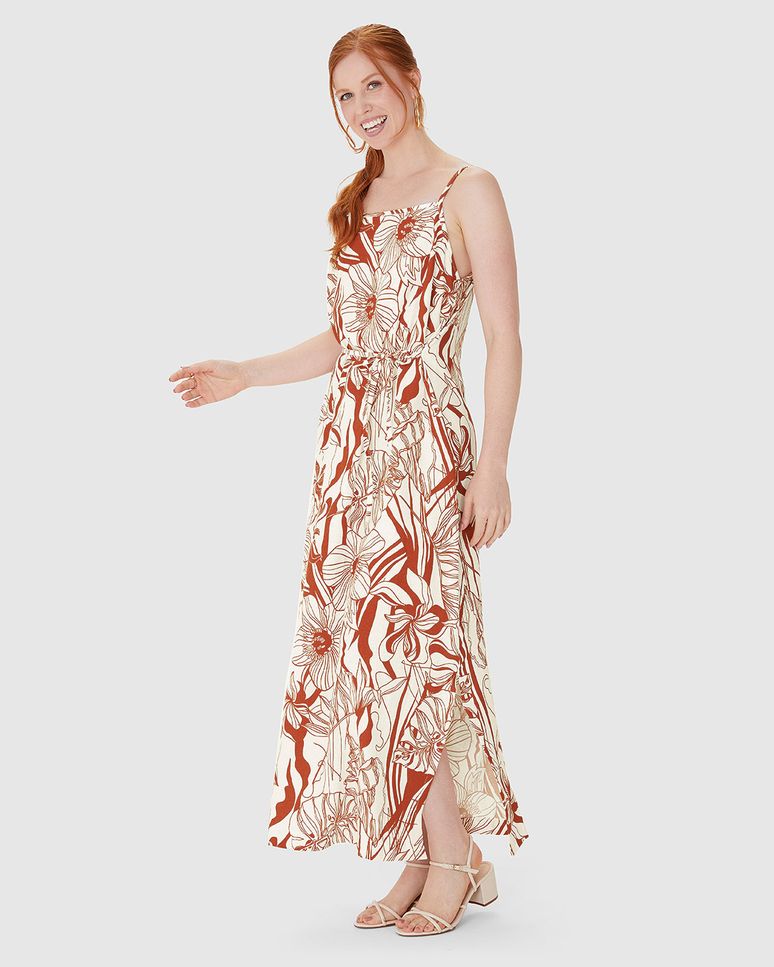 Vestido Midi Feminino Decote Reto E Fenda Lateral Em Viscolinho