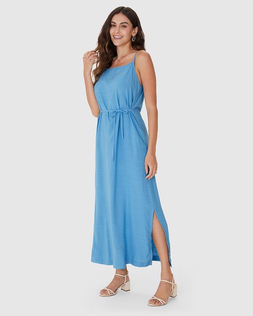 Vestido Midi Feminino Decote Reto E Fenda Lateral Em Viscolinho