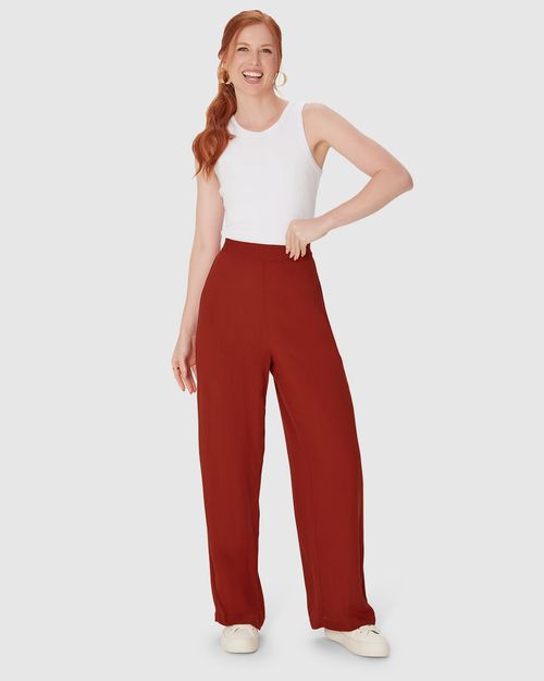 Calça Reta Feminina Cintura Alta Em Viscose