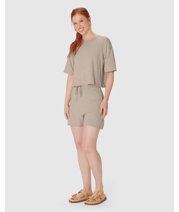 Shorts Feminino Amplo Cós Elástico Em Malha Tweed