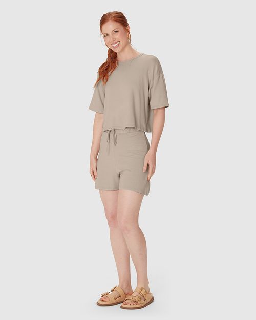 Shorts Feminino Amplo Cós Elástico Em Malha Tweed